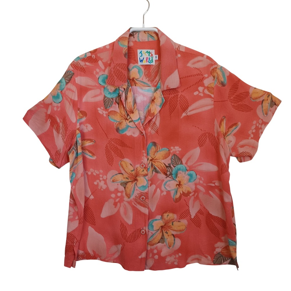 Jams World Francesca Vintage Tropical Floral Rayon Button Down Shirt Coral Med